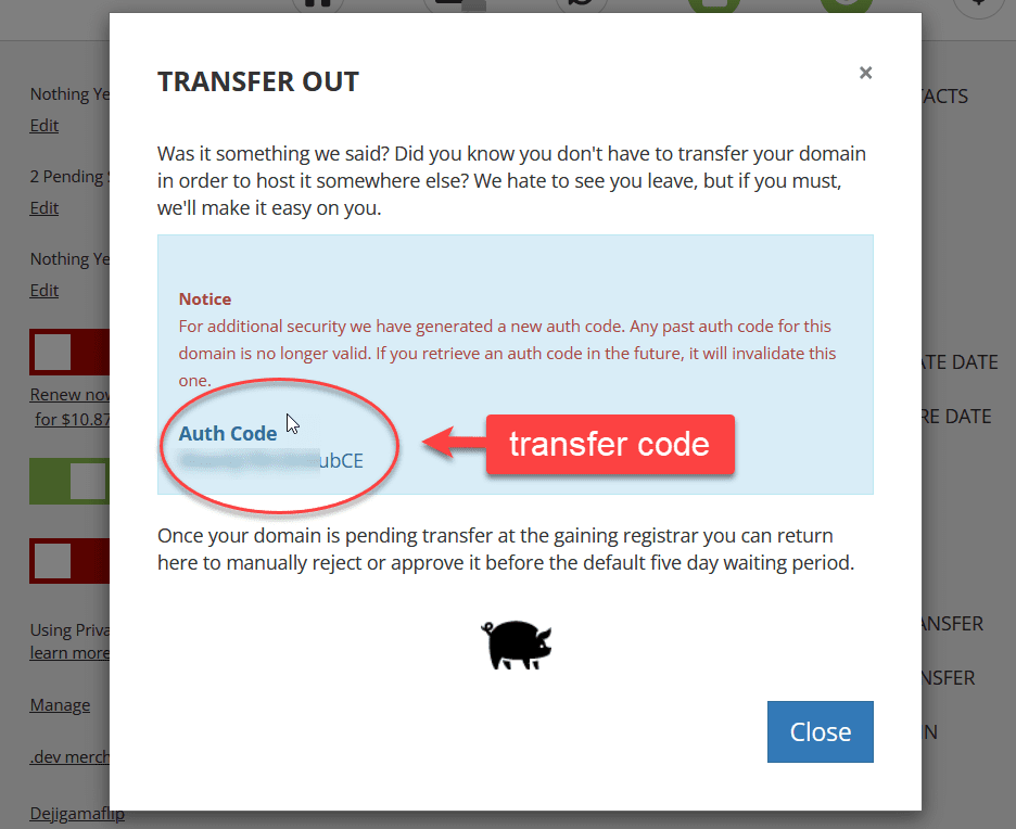 Lấy mã transfer Porkbun Transfer Code