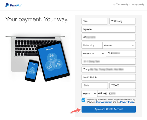 cách điền thông tin cá nhân khi đăng ký tài khoản Paypal
